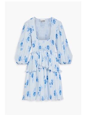Ganni Shirred Floral-print Crepe de Chine Mini Dress
